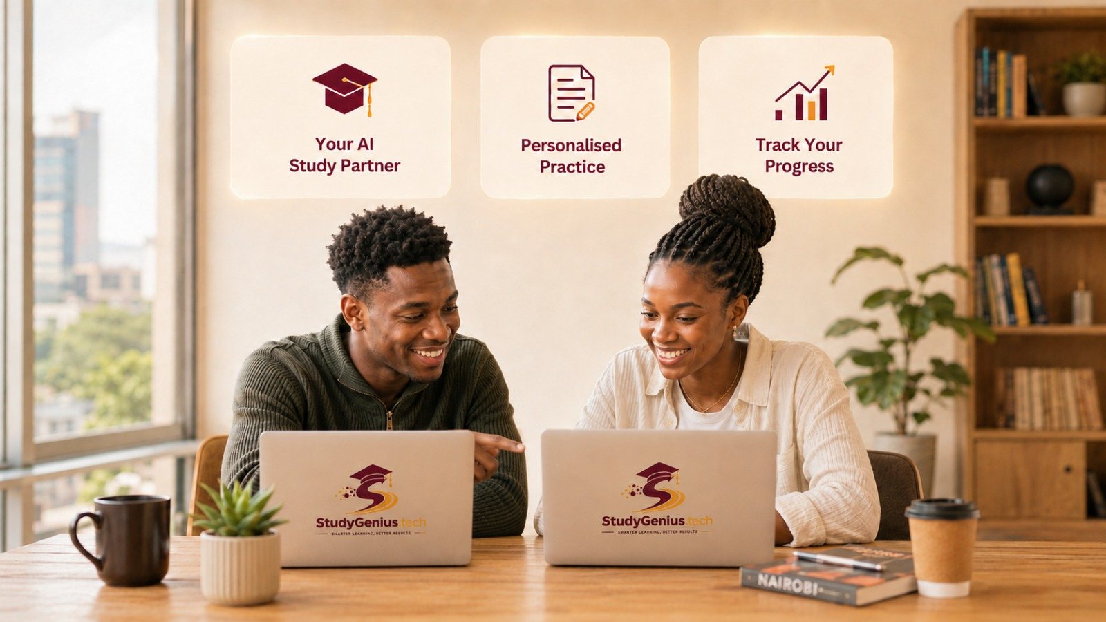 Two learners studying with StudyGenius on laptops, alongside its AI study partner, personalised practice and progress tracking.
