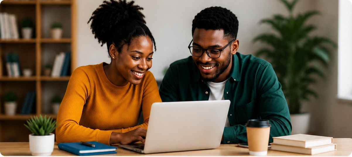Two professionals studying together at a laptop.